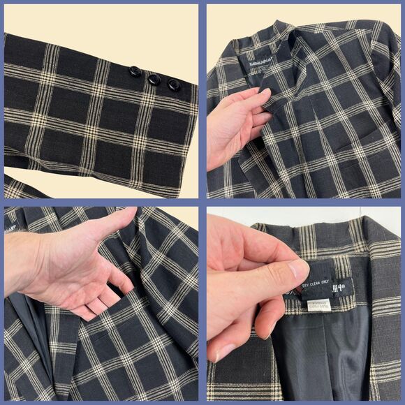 90s black & beige blazer jacket, size 10P vintage linen womens coat - Picture 3 of 10